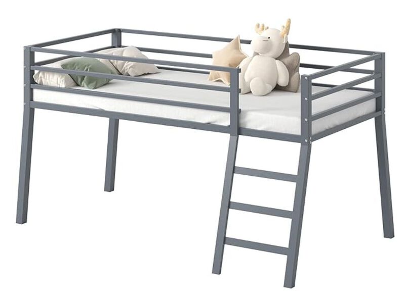 Twin Metal Loft Bed &ndash; Grey Low Profile Frame with Ladder & Guardrail image number 0
