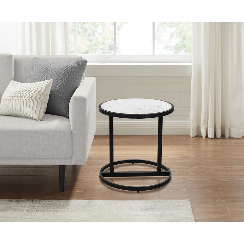 Beri 18 Inch Side End Table, Round White Natural Marble Top, Classic Slim Black Iron Frame