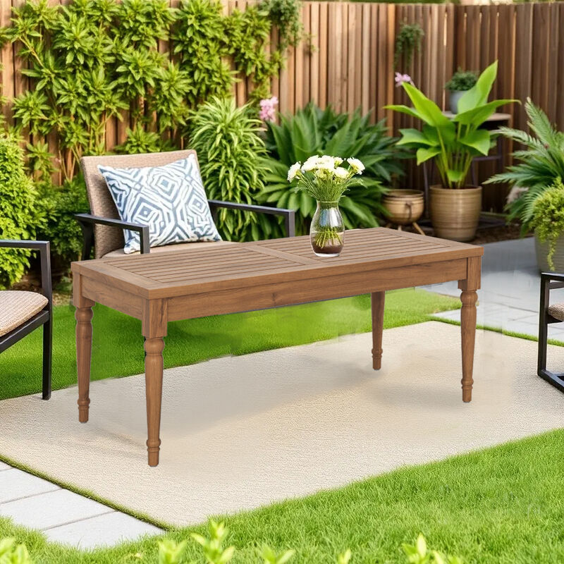 Pena Outdoor Coffee Table, 47 Inch Rectangular Slat Brown Acacia Wood - Benzara