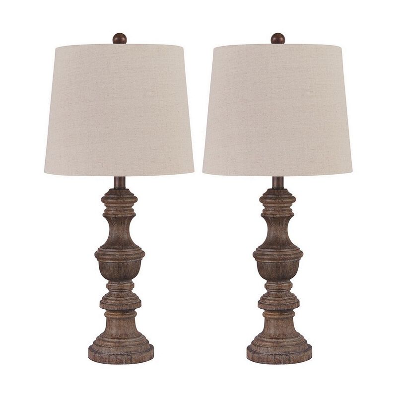 Tapered Fabric Shade Table Lamp with Turned Base, Set of 2, Gray and Brown-Benzara image number 1