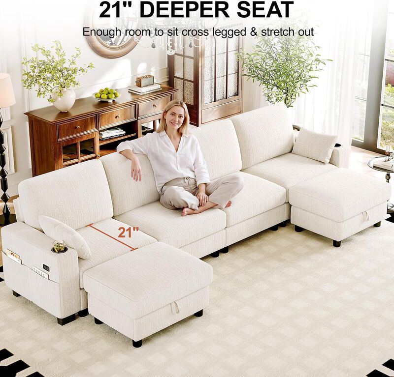 Vipbear 128" Modular Sectional Sofa, Chenille U Shaped Cloud Couch with Ottoman Adjustable Backrest image number 5
