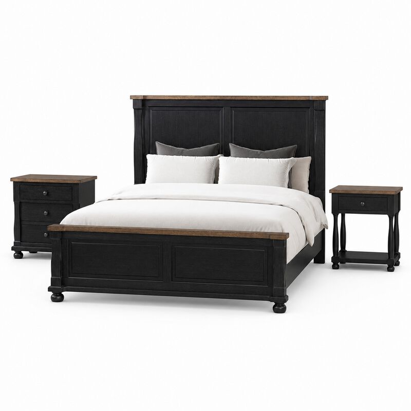 Queen Bedroom Set, Black, Oak Brown, Pewter Wood, 3 Piece Set with 2 Nightstands image number 0