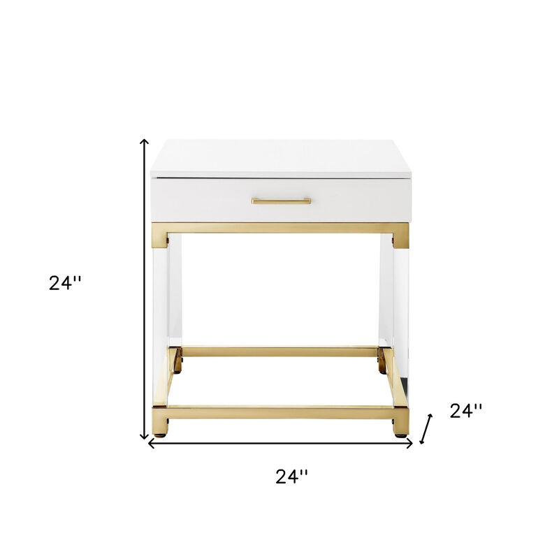 HomeRoots 24" Wood Acrylic and Stainless Steel Square End Table With Drawer image number 6