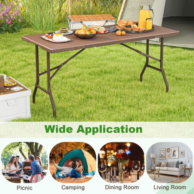 Hivvago 5FT Folding Picnic Table with Rattan Grain HDPE Tabletop and Sturdy Metal Fame