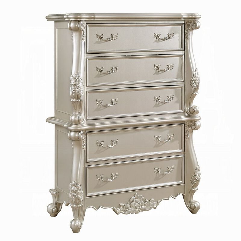 Bowe Tall Dresser Chest, 5 Drawer, Scrolled Champagne Gold Wood Finish - Benzara