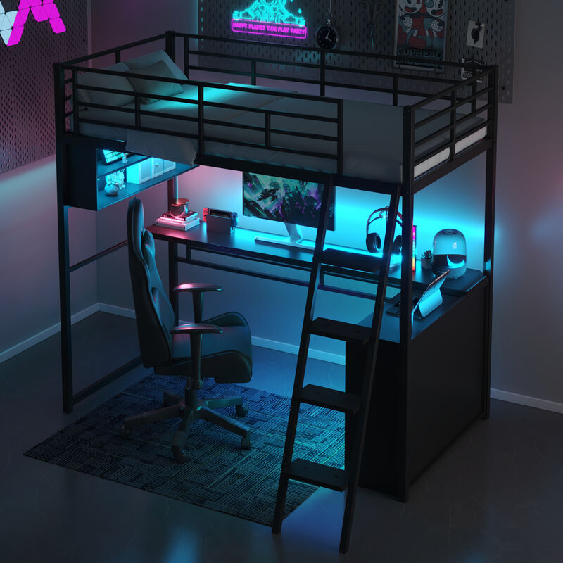 Merax Metal Loft Bed with LED, Desk and 4 Storage Shelves