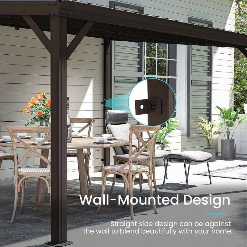 10X14FT Wall Mounted Gazebos Pergola with Built in Drainage System, Galvanized Steel Roof Hardtop Patio Shelter, Gray image number 3