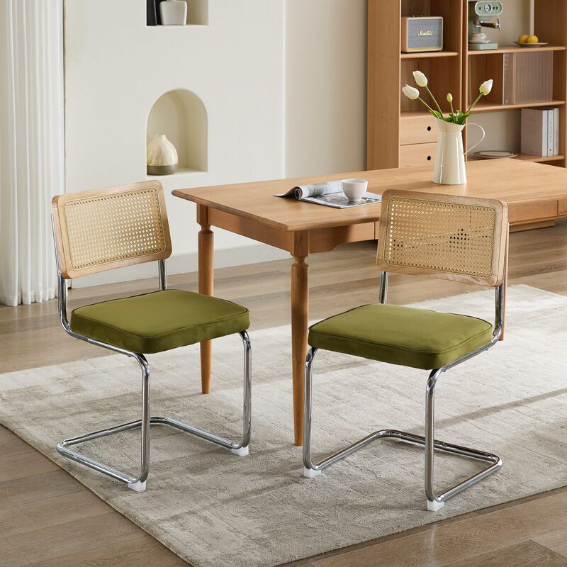 Whisen 2-Piece Mid Century Dining Chairs, Velvet Upholstered with Cane Back & Chrome Base, Cantilever Design for Kitchen image number 5