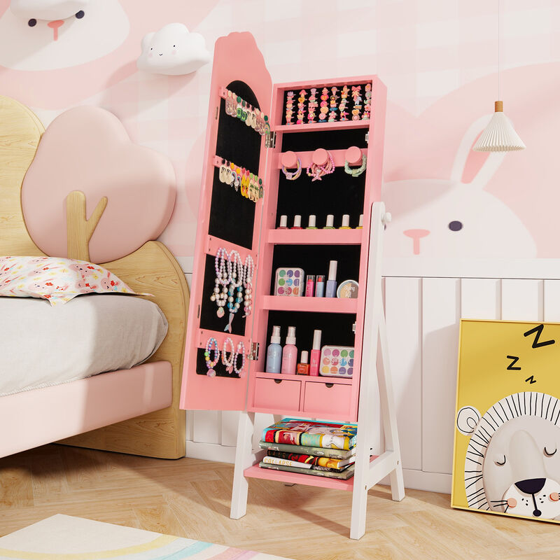 Kids Jewelry Organizer with Full-Length Mirror, Drawers, and Storage Shelves