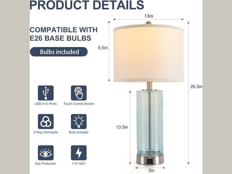 Table Lamp Set &ndash; 26.5" Blue Glass Touch Dimmable Bedside Lights w/ USB‑A+C Ports image number 2