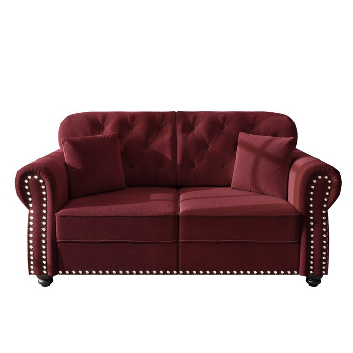 Whisen 63" Velvet Chesterfield Sofa, Mid-Century Modern Tufted Loveseat with Nailhead & 2 Pillows