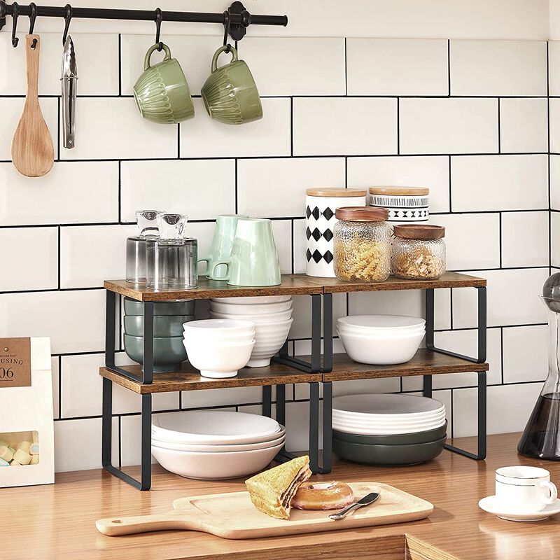 Set of 4 Stackable Cabinet Shelf Organizers - Metal and Particleboard Kitchen Counter Shelves, Expandable