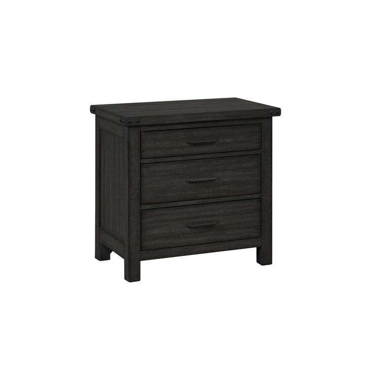 30 Inch 3 Drawer Nightstand, Weathered Smooth Gray Wood, Bracket Accents - Benzara