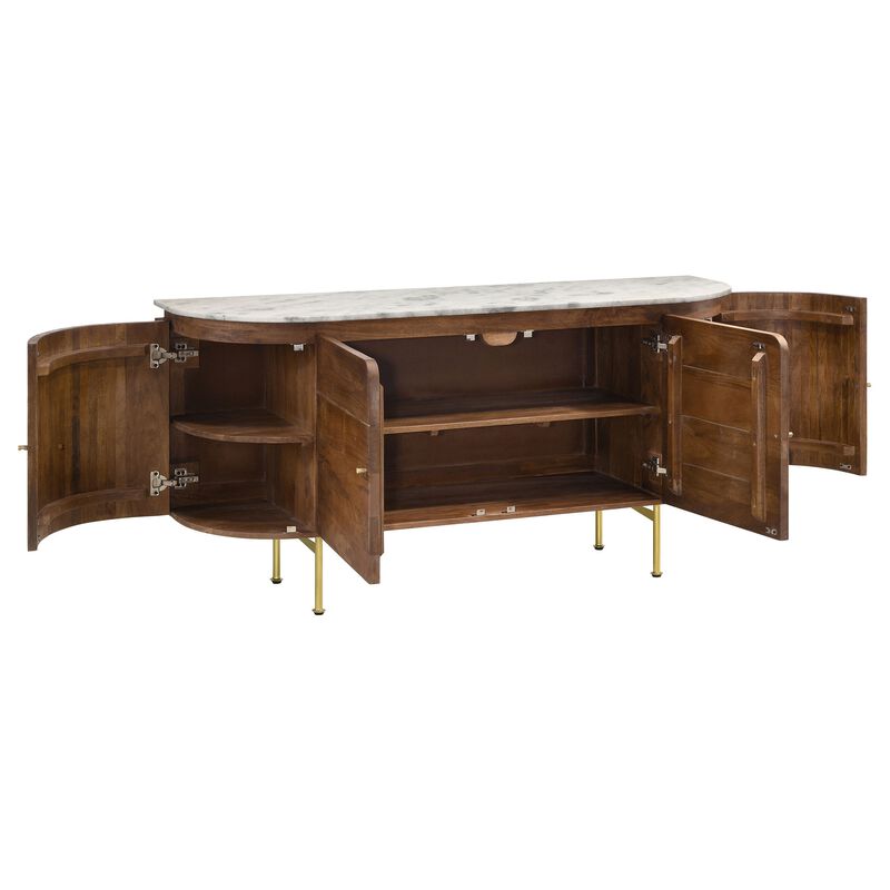 Evi 63 Inch Dining Sideboard Server, White Curved Marble Top, Brown, Brass image number 2