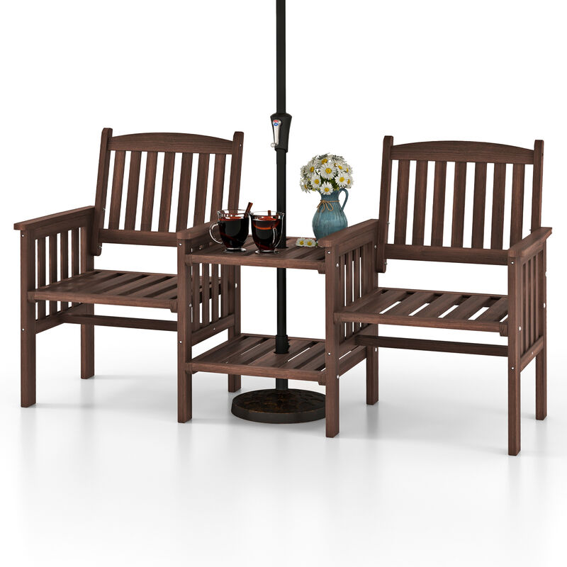 Outdoor Fir Wood Loveseat with 2-Tier Side Table and Umbrella Hole