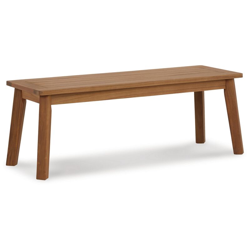 47 Inch Rectangular Bench, Natural Acacia Wood, Slatted Seat, Angled Legs - Benzara