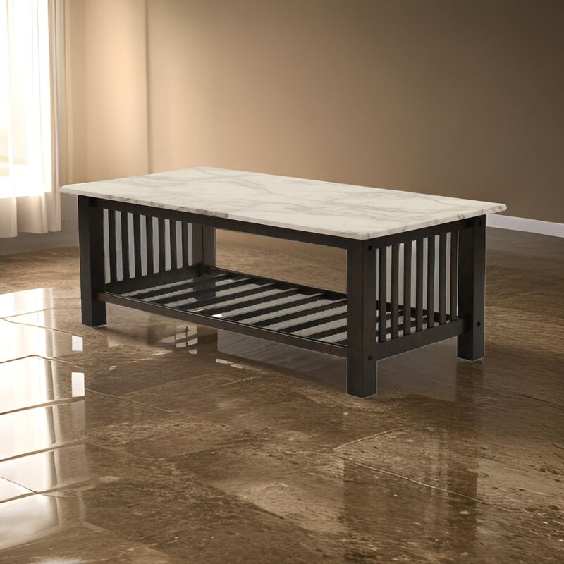 Moen 47 Inch Coffee Table, White Faux Marble Top, Bottom Shelf, Black Wood