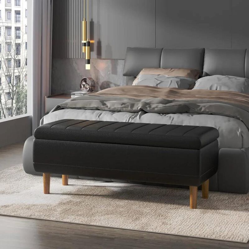 Hivvago Modern Mid-Century Black Faux Leather End of Bed Storage Bench Ottoman