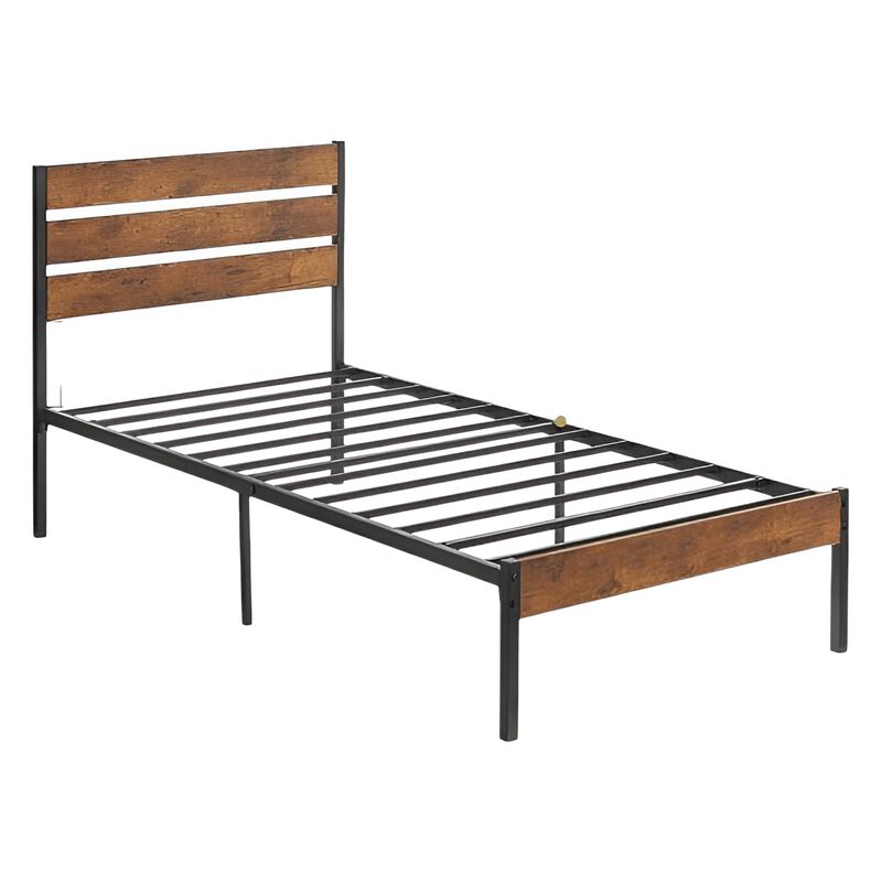 Industrial Metal Bed Frame with Slatted Wood Headboard and Footboard
