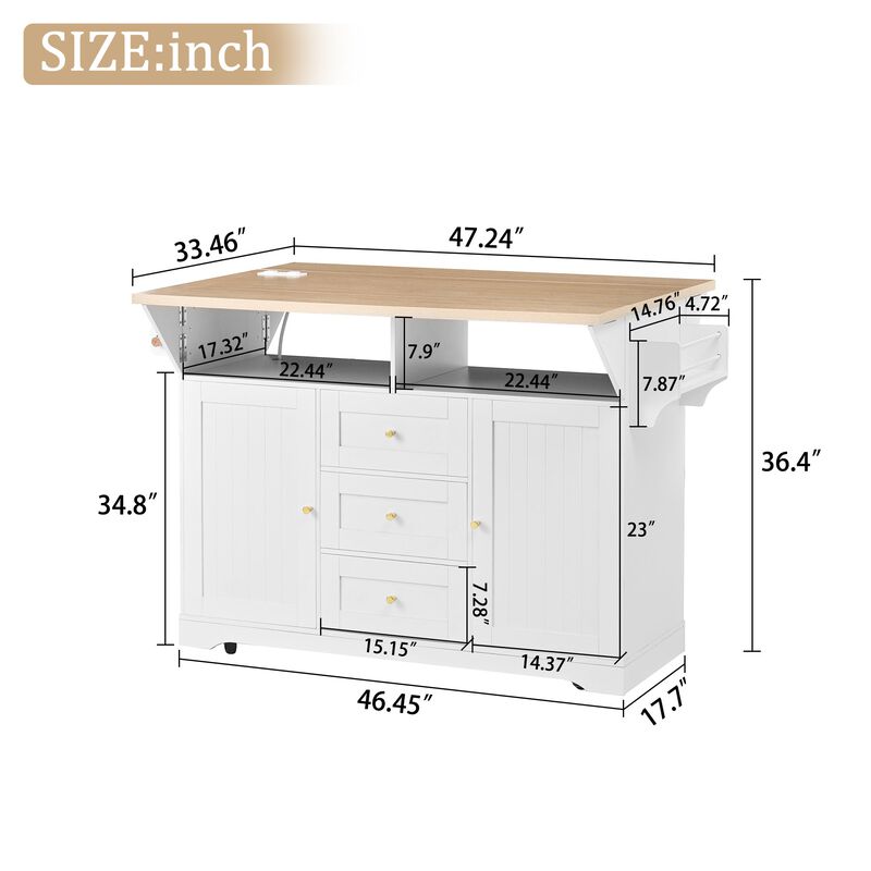 Rolling Kitchen Island with Power Outlet, Spice Rack & 2 Drop Leaf image number 1