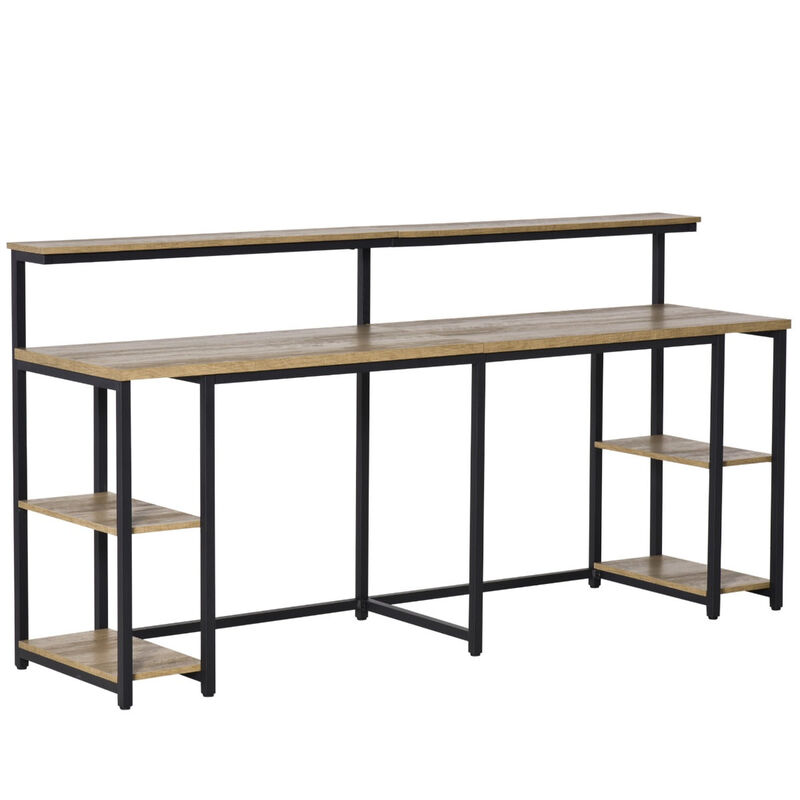 Black/Light Brown Workspace: 2-Person Desk with Monitor Rack and Shelves