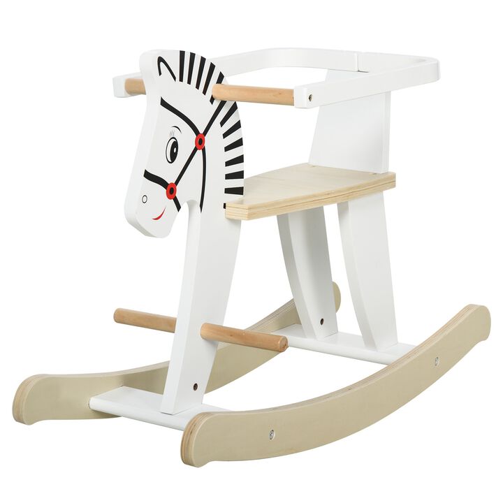 Wooden Rocking Horse Toddler Baby Ride-on Toys for Kids 1-3 Years with Classic Design & Wood Safety Bar, White