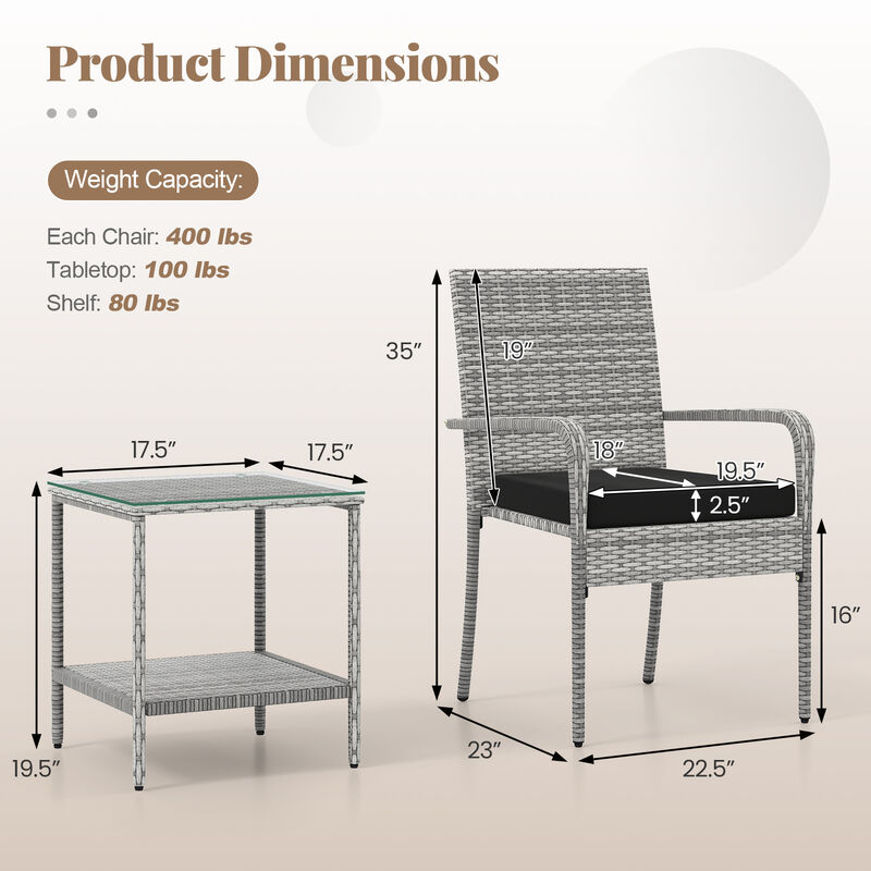 3 Piece Balcony Patio Furniture Set with Seat Cushions and Tempered Glass Tabletop image number 2
