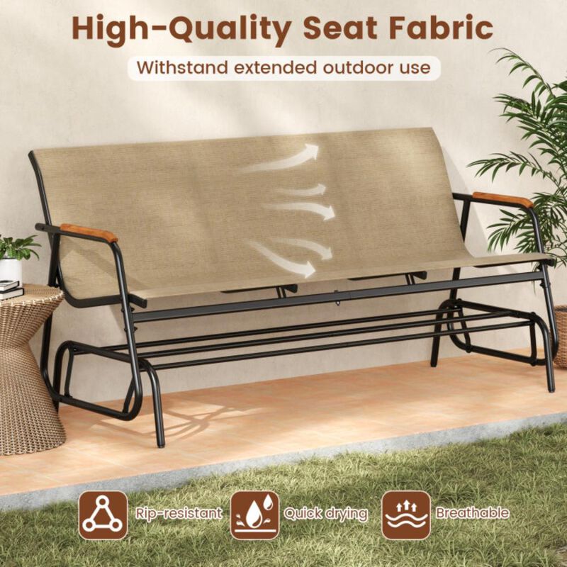 Hivvago Patio Glider Bench with Curved Teak Armrests and Breathable Fabric Seat for 3 People
