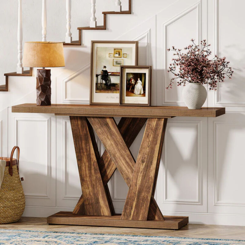 Farmhouse 55" Entryway Console Table With Geometric Base-Brown
