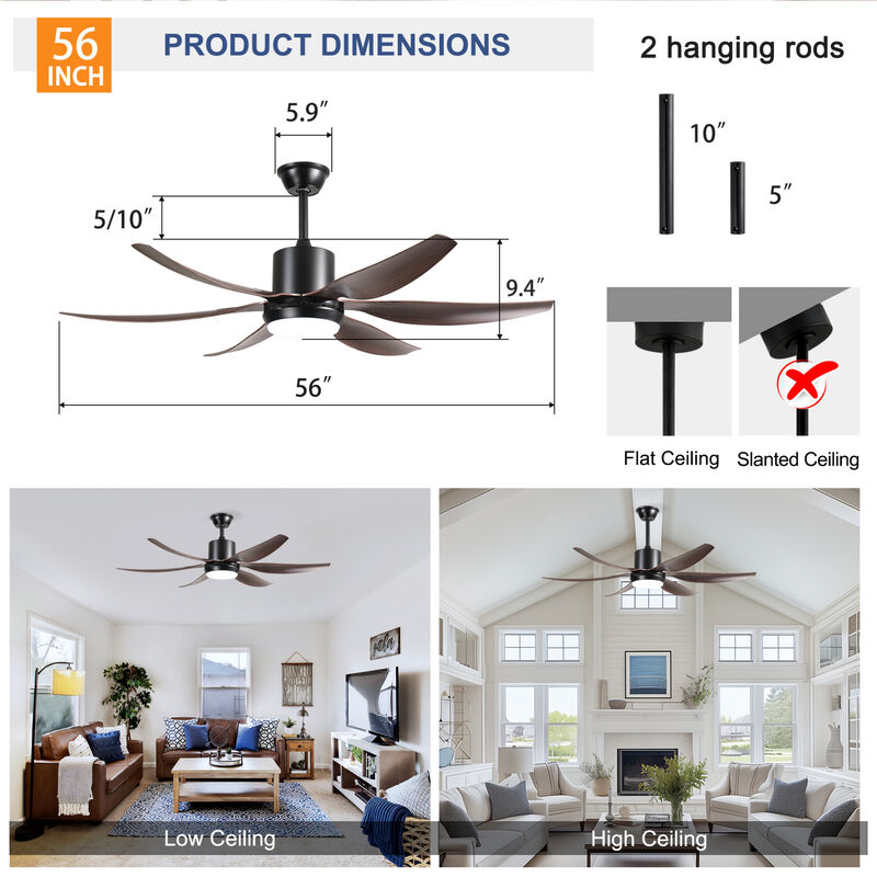 56" 6 Blade Ceiling Fan with Dimmable LED Light Kit and Remote Control image number 2