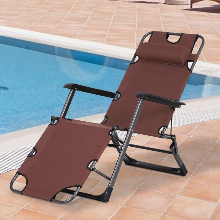 Folding Lounger Chair Metal Frame Outdoor Pool Sun Lounger Curved Reclining Chair 120Â° / 180Â° W/ Head Pillow Brown