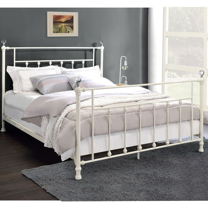 Metal Queen Bed with Spindle Design and Crystal Accents, White-Benzara