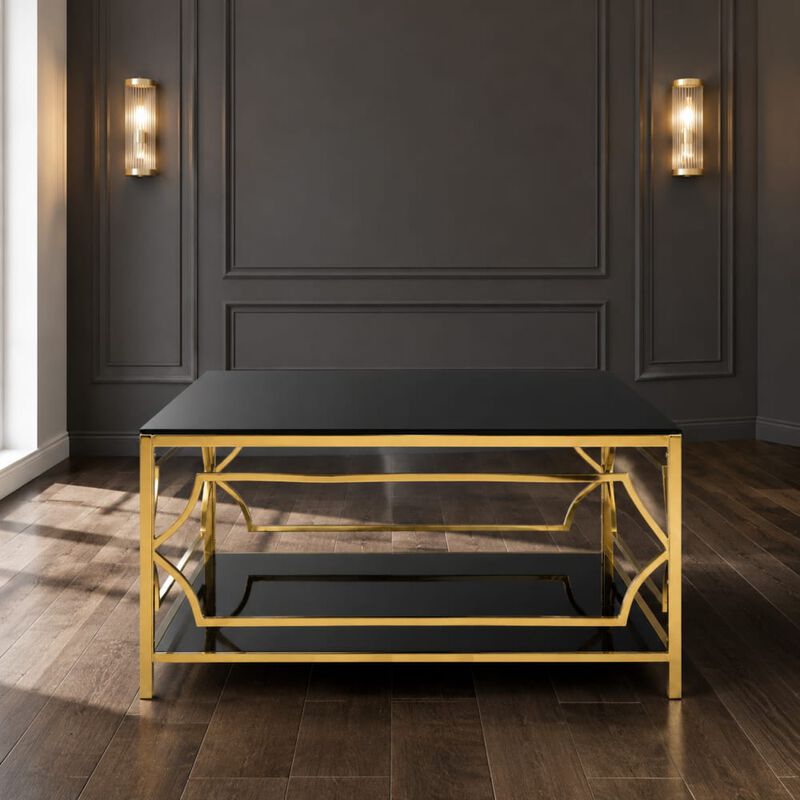 GOODSILO 33.5 Inch Square Tempered Glass Coffee Table with Geometric Metal Frame, Lower Storage Shelf for Modern Living Space Use image number 3