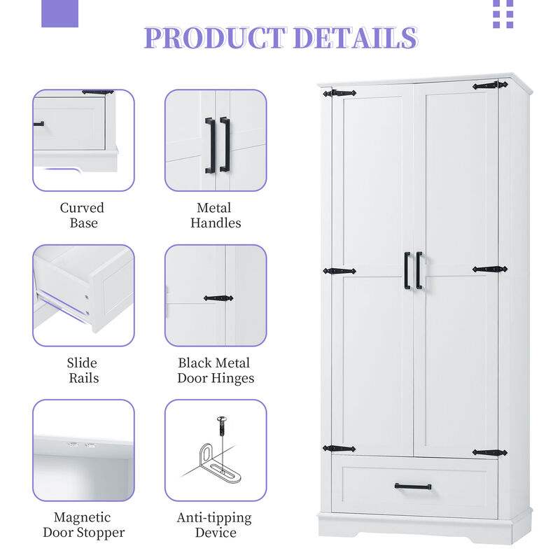 Whisen Tall White Bathroom Storage Cabinet with Black Handles, Double Doors, Drawer and Adjustable Shelf - White
