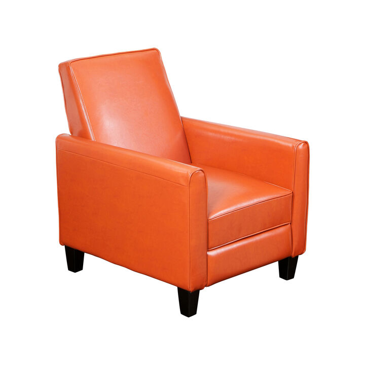 Zuca Pushback Recliner Club Chair, Black Wood, Orange Floral Faux Leather - Benzara