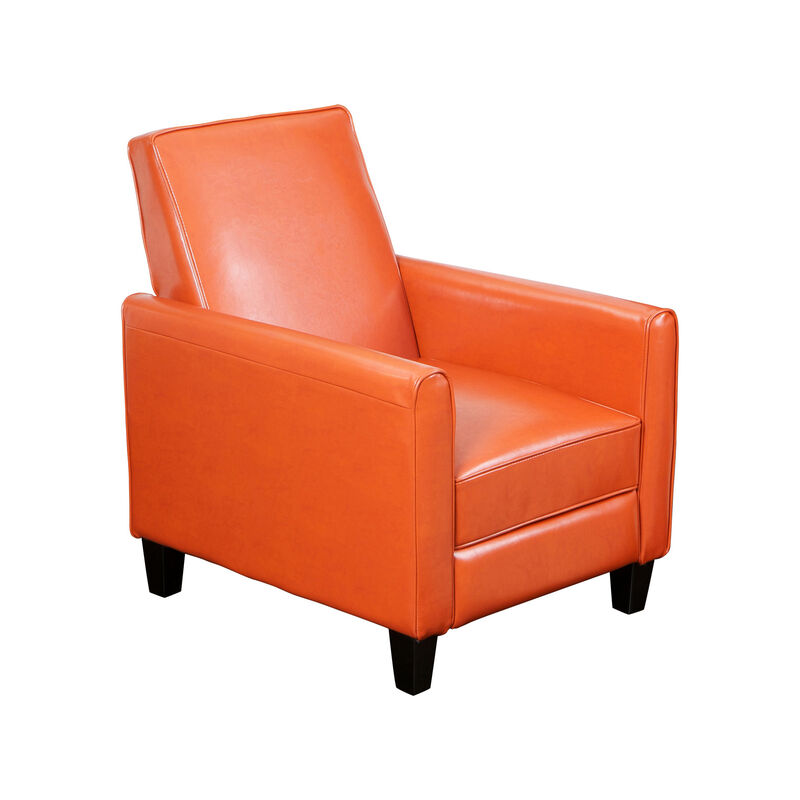 Zuca Pushback Recliner Club Chair, Black Wood, Orange Floral Faux Leather - Benzara