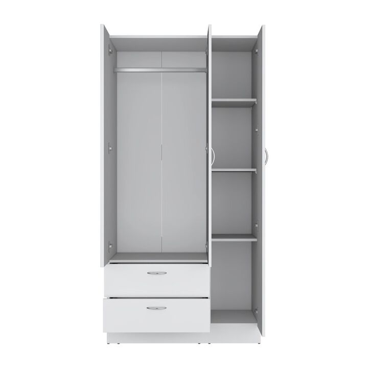 Twardrobe with 3 doors, one mirror, two drawers, four shelves