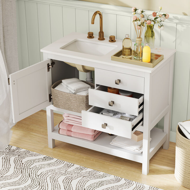Compact Freestanding Bathroom Vanity with Basin and Storage Shelves