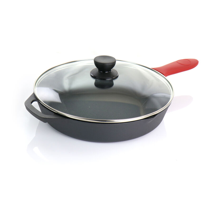 MegaChef Pre-Seasoned 6 Piece Cast Iron Skillet Set with Lids and Red Silicone Holders