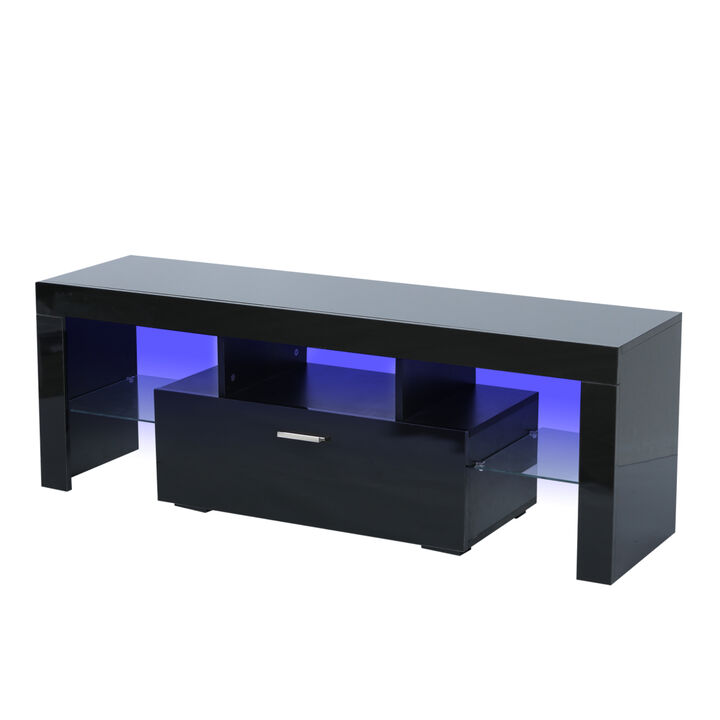 Black Modern TV Stand with LED Lights, high glossy front TV Cabinet, can be assembled in Lounge Room, Living Room or Bedroom, color:BLACK
