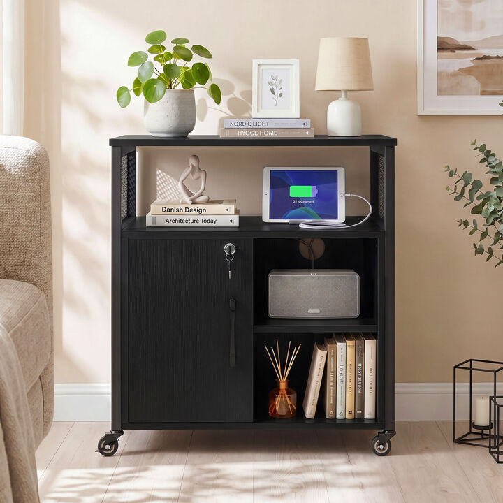 File Cabinet with Charging Station, Cable Management and Rolling Wheels