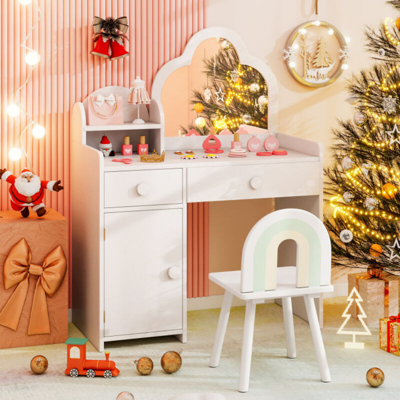 Kids Vanity Table and Chair Set with Cloud-shaped Mirror and Open Shelf