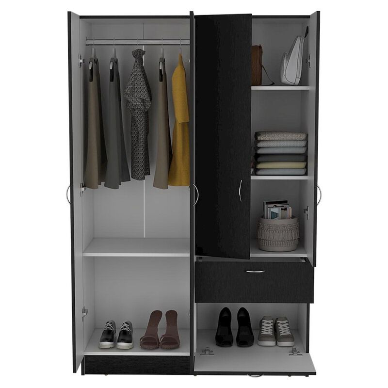 Vaupes Armoire, Double Door Cabinet, One Drawer, Five Interior Shelves, Rod -Black / White image number 3
