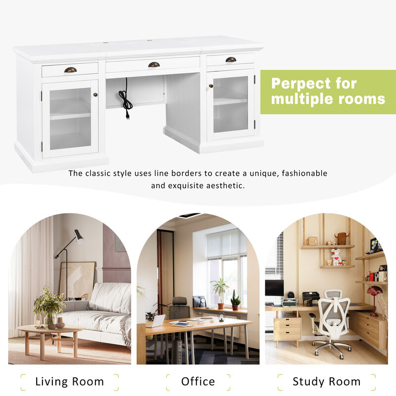 Whisen 67" Modern Executive Desk with 2 Glass Doors & 3 Drawers, Glass & Solid Wood Computer Workstation for Home Office image number 4