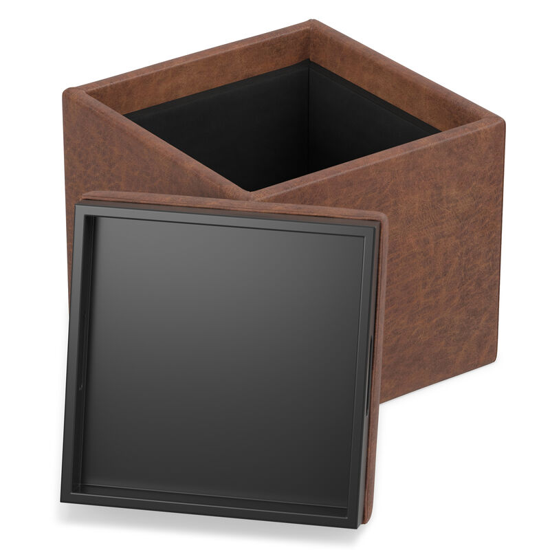 Rockwood 17 inch Wide Contemporary Square Cube Storage Ottoman with Tray in Distressed Saddle Brown Vegan Faux Leather, Assembled image number 2