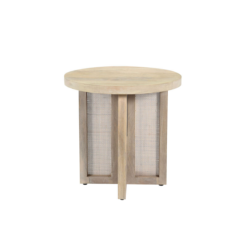 Hivvago 22 Inch Natural Solid Wood And Rattan Round End Table