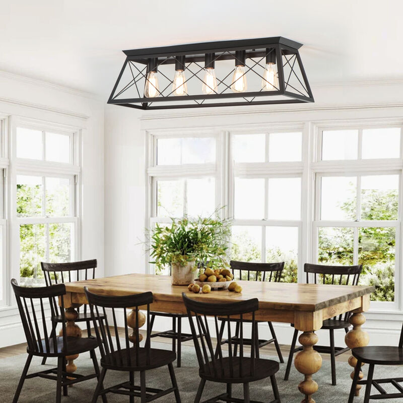5-Light Flush Mount Lighting Rectangular Farmhouse Caged Low Ceiling Light image number 1