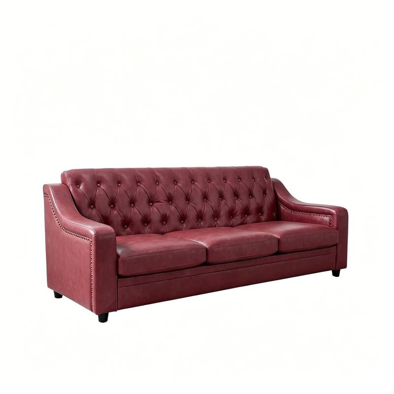 Vipbear 78.7" Chesterfield Faux Leather Sofa, 3 Seater Brown PU Couch Nailhead Trim for Living Room image number 0