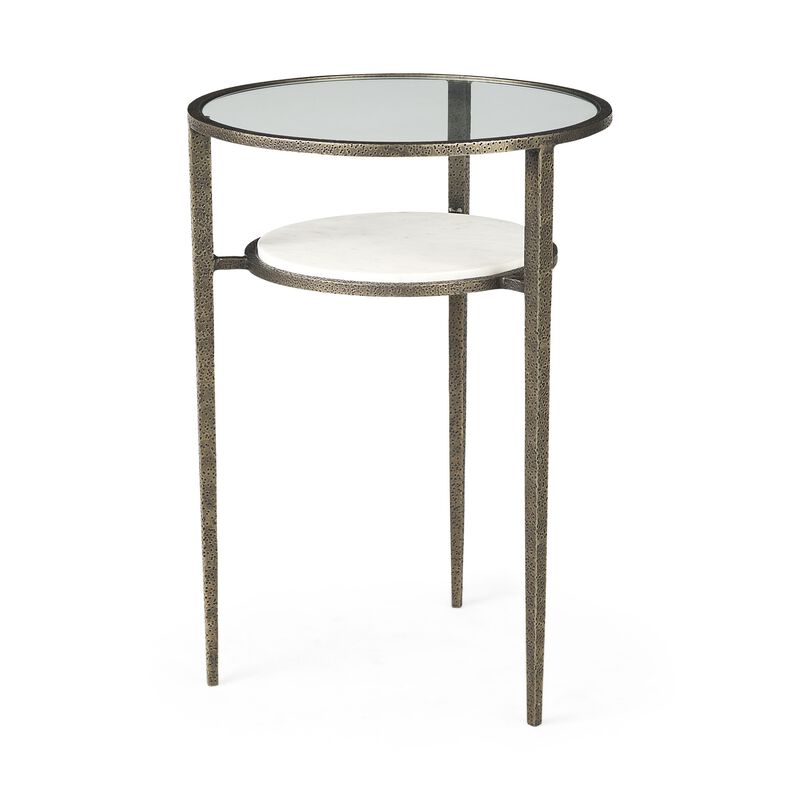 Glass and Metal Round End Table with Lower Shelf, Modern Accent for Living Room