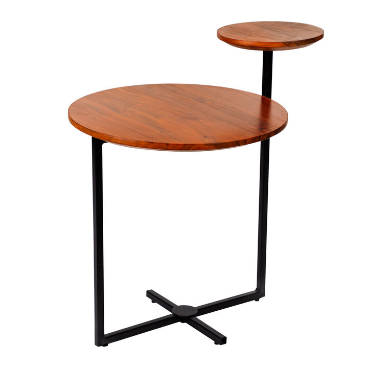 Geo Collection 21 Inch Round Acacia Wood Accent End Table with 2 Tier Tabletops, Brown, Black